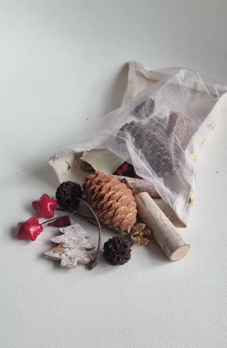 Natural Decorative Pouch with Pinecones, Fir Branches, and Berries